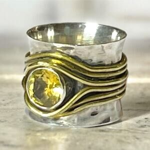 Hammered Silver 925 Ring Brass Wire Bezel Set Citrine Boho Brutalist Sz 5.5-5.75